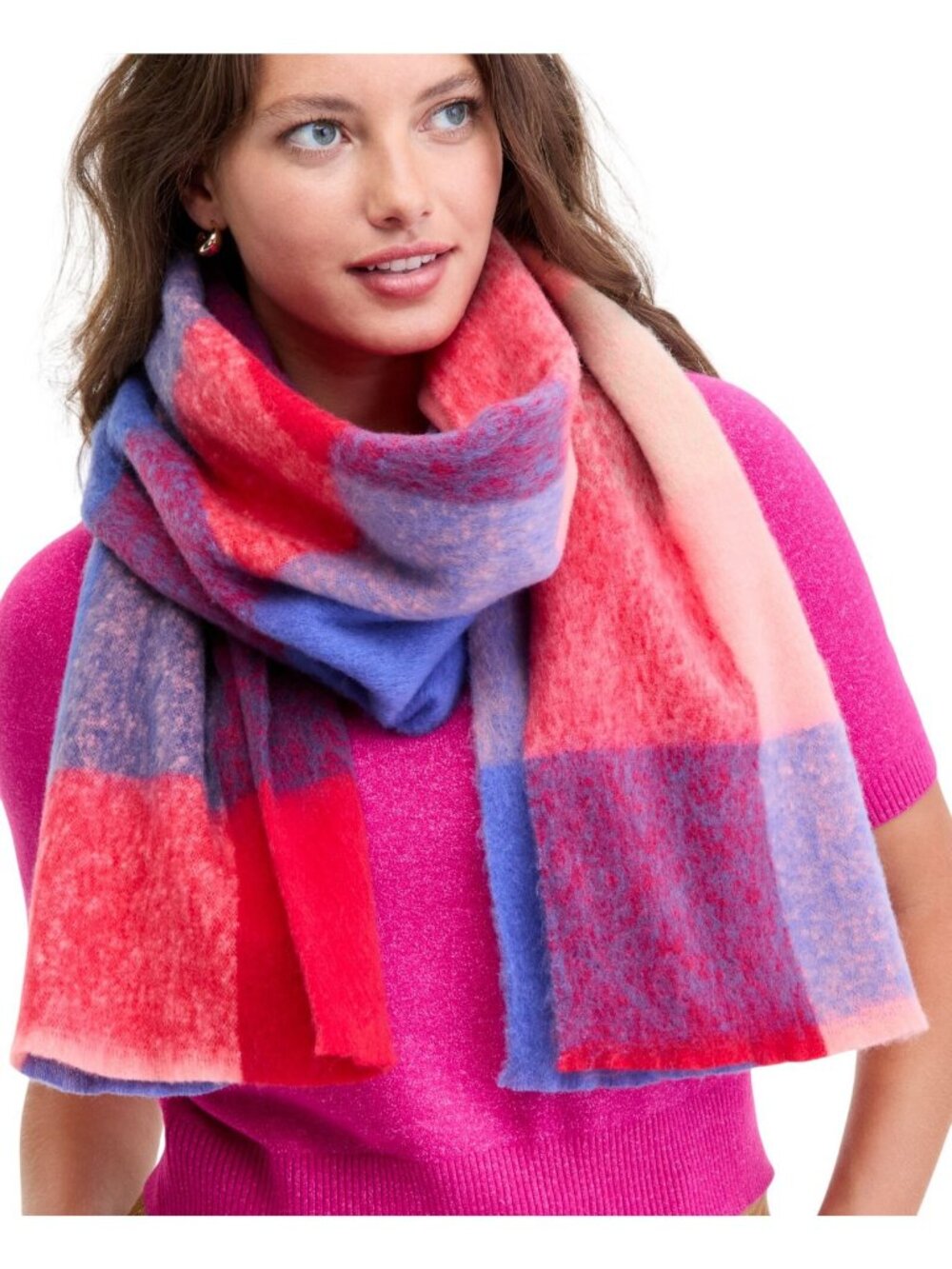 NWT On 34th Brushed Buffalo Plaid Blanket Scarf Fringe Cozy Bright Red Multi